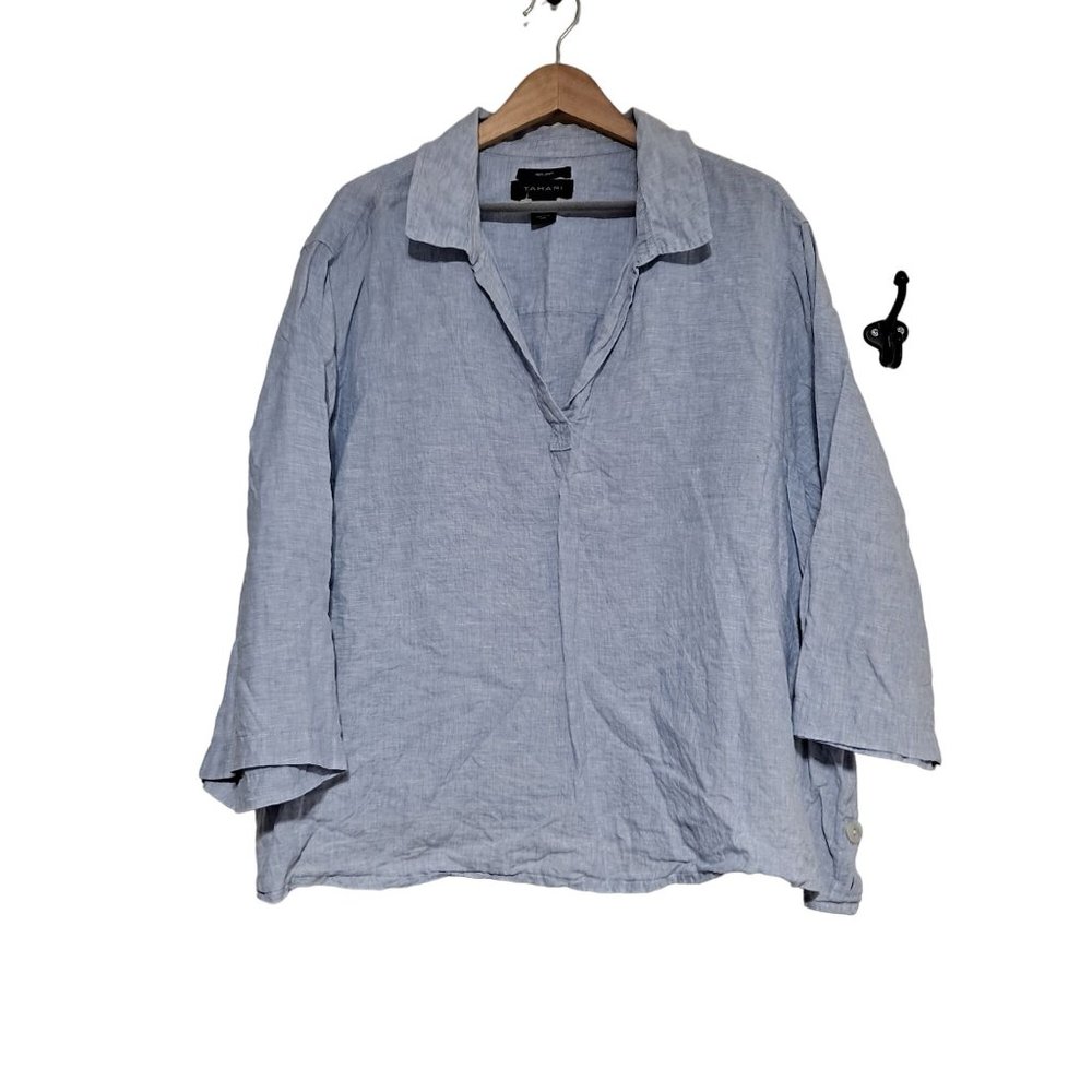 Tahari Shirt Womens 3X Blue Cropped Sleeve Side Split Hem V Neck Linen Casual